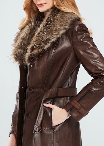 RjKürk Detaylı Kahverengi Deri Uzun Kadın Ceketi derimod rhoda - Görsel 5