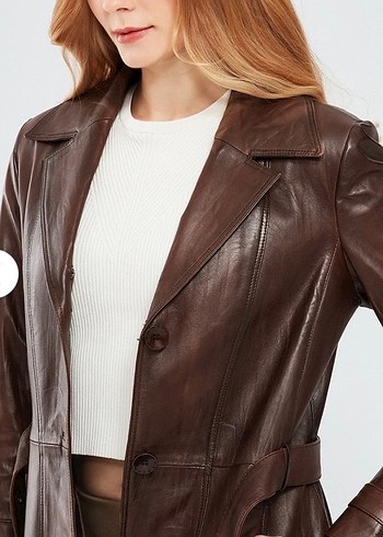 RjKürk Detaylı Kahverengi Deri Uzun Kadın Ceketi derimod rhoda - Görsel 3