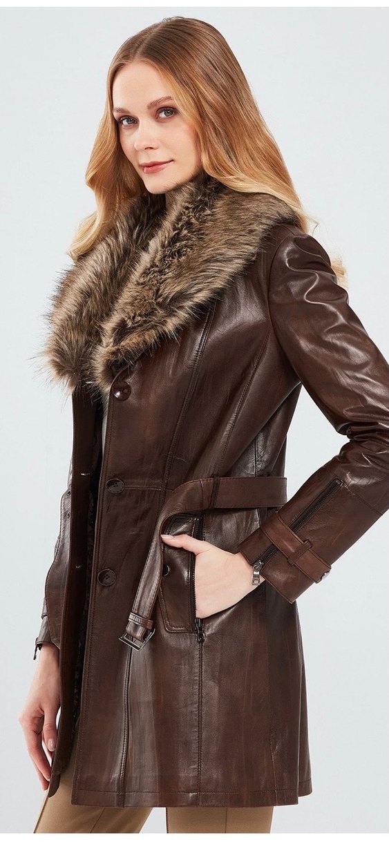 RjKürk Detaylı Kahverengi Deri Uzun Kadın Ceketi derimod rhoda - Görsel 5