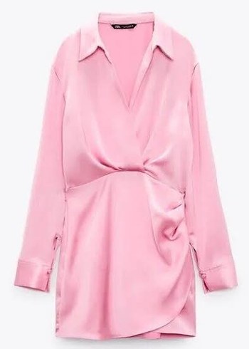Zara Zara Pembe V Yaka Drapeli Mini Elbise