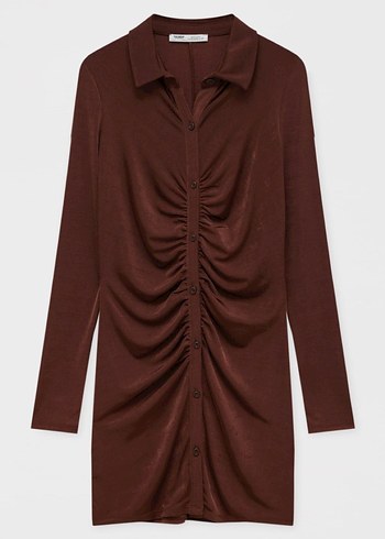 l Beden #pull&bear V Yaka Pilili Kahverengi Midi Elbise