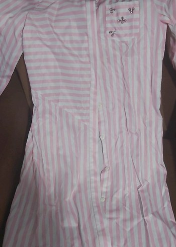 Pembe Çizgili Pamuklu Kadın Gömlek 38 beden - Görsel 4