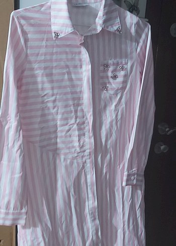 Pembe Çizgili Pamuklu Kadın Gömlek 38 beden - Görsel 2