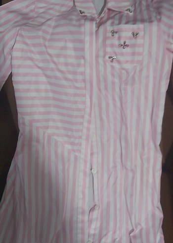 Pembe Çizgili Pamuklu Kadın Gömlek 38 beden - Görsel 3