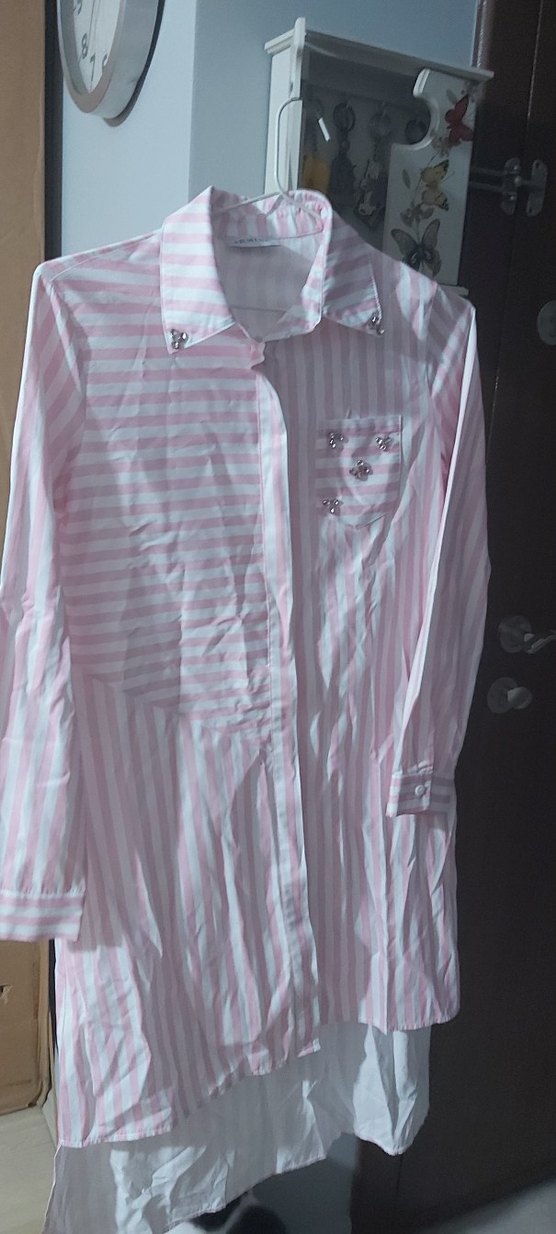 Pembe Çizgili Pamuklu Kadın Gömlek 38 beden - Görsel 2