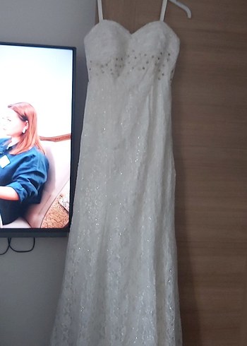 Uzun Kollu Straplez Beyaz A-Line Gelinlik - Görsel 14