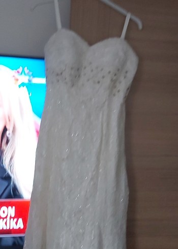 Uzun Kollu Straplez Beyaz A-Line Gelinlik - Görsel 6