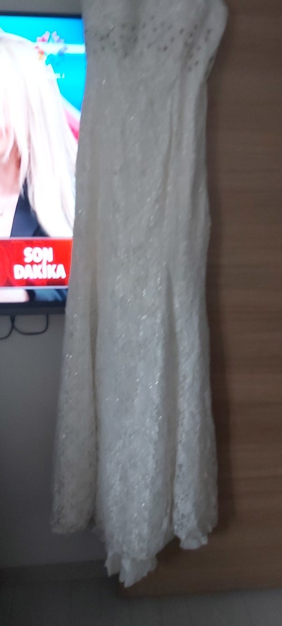 Uzun Kollu Straplez Beyaz A-Line Gelinlik - Görsel 5