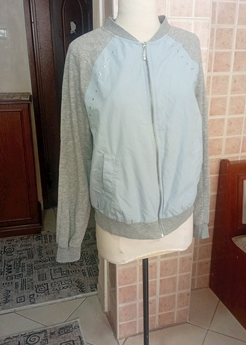Gri Kadın Denim Ceket Fermuarlı