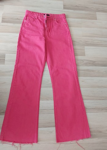 Pembe yuksek bel wide leg jeans
