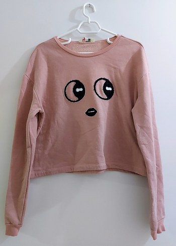 Pembe Desenli İçi Yünlü Kadın Crop Sweatshirt