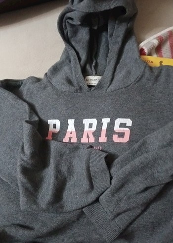 Paris Baskılı Gri Kapüşonlu triko kazak 9-10 yaş kız çocuk - Görsel 4