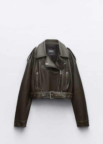 Kahverengi Kemerli Biker Deri Ceket