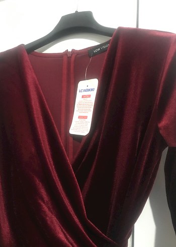 Bordo Kadife V Yaka Uzun Kollu Mini Elbise - Görsel 2