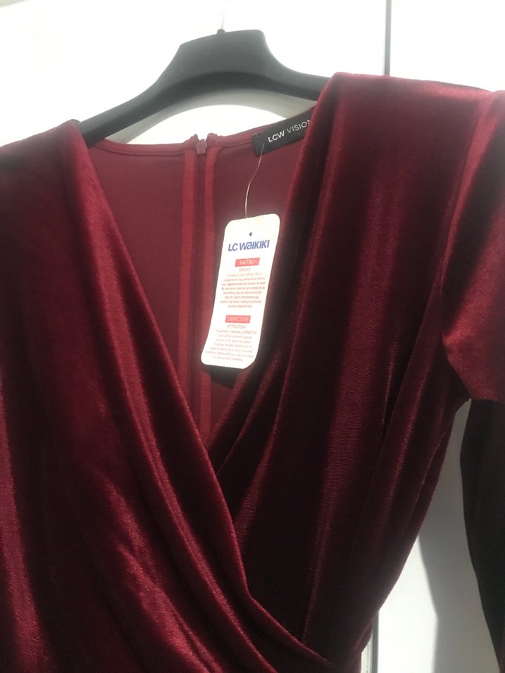 Bordo Kadife V Yaka Uzun Kollu Mini Elbise - Görsel 2