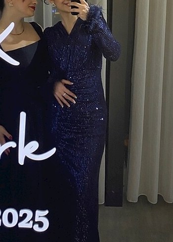 Payet kumaş Lacivert Renk Uzun Abiye Elbise - Görsel 4