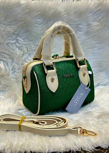 17 cm Vakko speedy Beyaz Detaylı Yeşil Deri Kadın Çanta