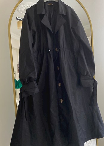 Siyah Keten Düğmeli Uzun Kadın Trençkot - Görsel 2