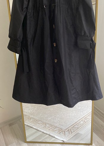 Siyah Keten Düğmeli Uzun Kadın Trençkot - Görsel 7