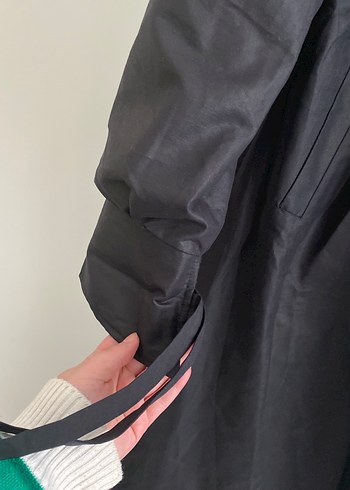 Siyah Keten Düğmeli Uzun Kadın Trençkot - Görsel 3