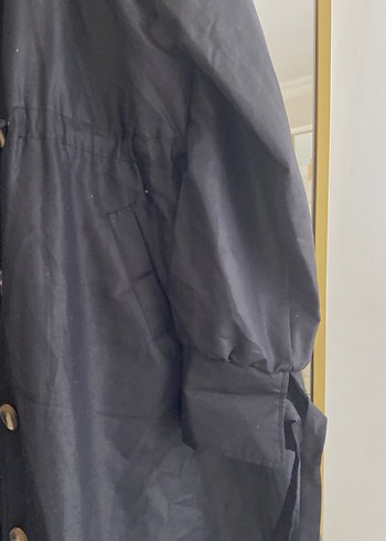 Siyah Keten Düğmeli Uzun Kadın Trençkot - Görsel 5