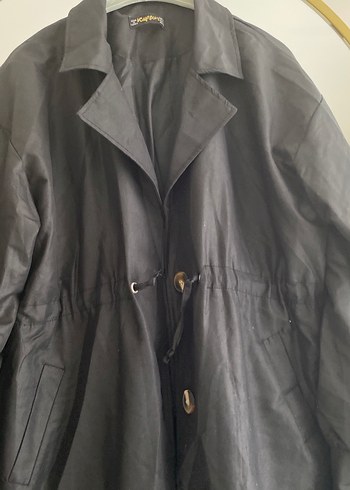 Siyah Keten Düğmeli Uzun Kadın Trençkot - Görsel 4