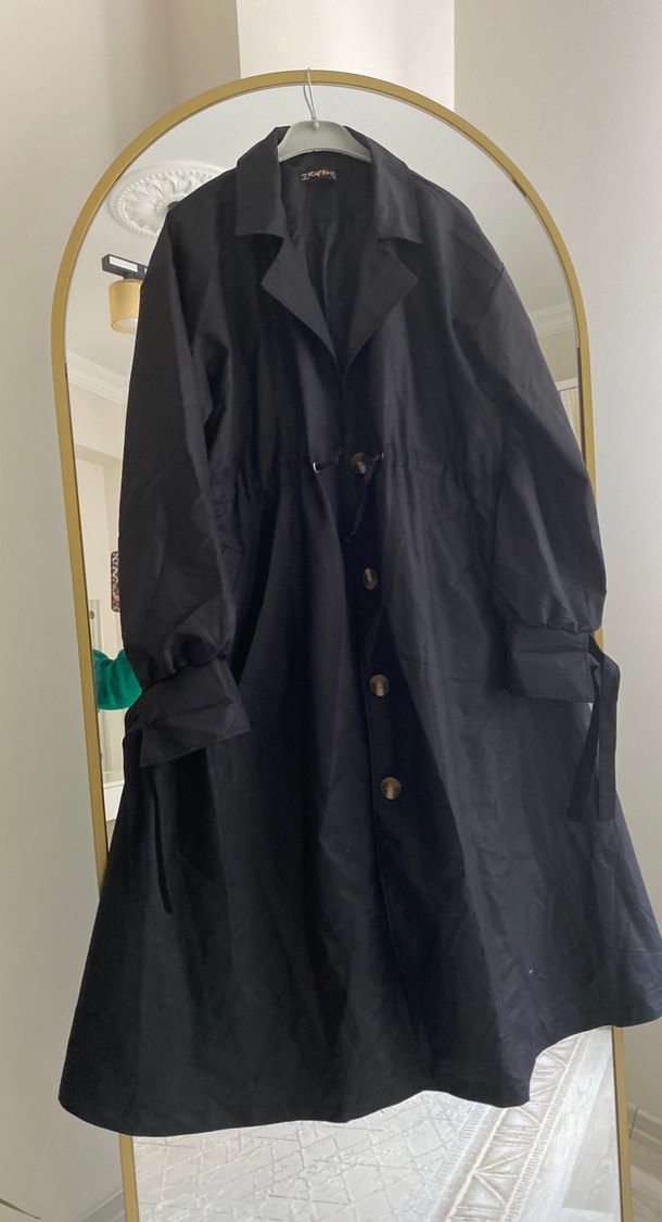 Siyah Keten Düğmeli Uzun Kadın Trençkot - Görsel 2