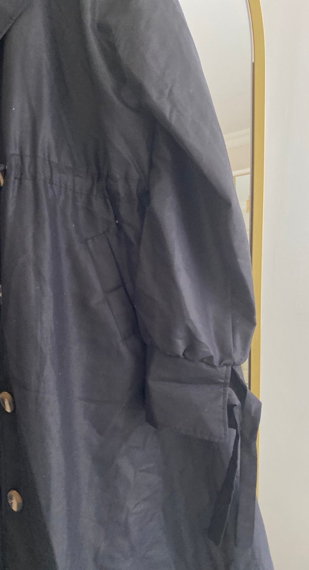 Siyah Keten Düğmeli Uzun Kadın Trençkot - Görsel 5