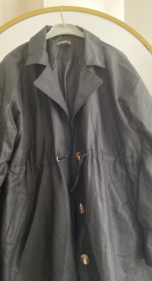 Siyah Keten Düğmeli Uzun Kadın Trençkot - Görsel 4