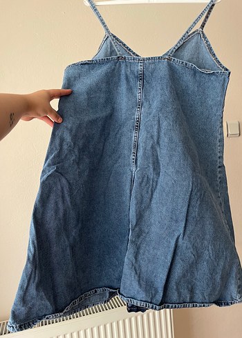 l Beden mavi Renk Askılı Mavi Denim Midi Elbise