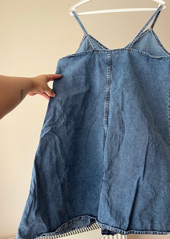 l Beden Askılı Mavi Denim Midi Elbise