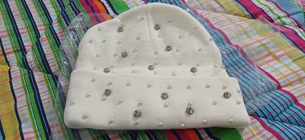 Boncuk İşlemeli Beyaz Kadın Bere - Görsel 3