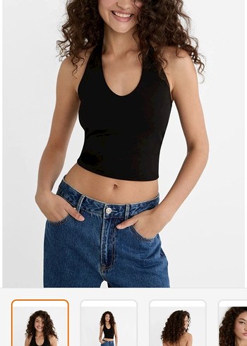Siyah V Yaka Denim Crop Top