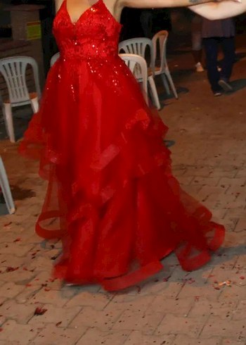 Kırmızı Straplez Uzun Abiye Elbise - Görsel 2