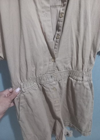 Bej Kısa Kollu Keten Kadın Tulum - Görsel 3