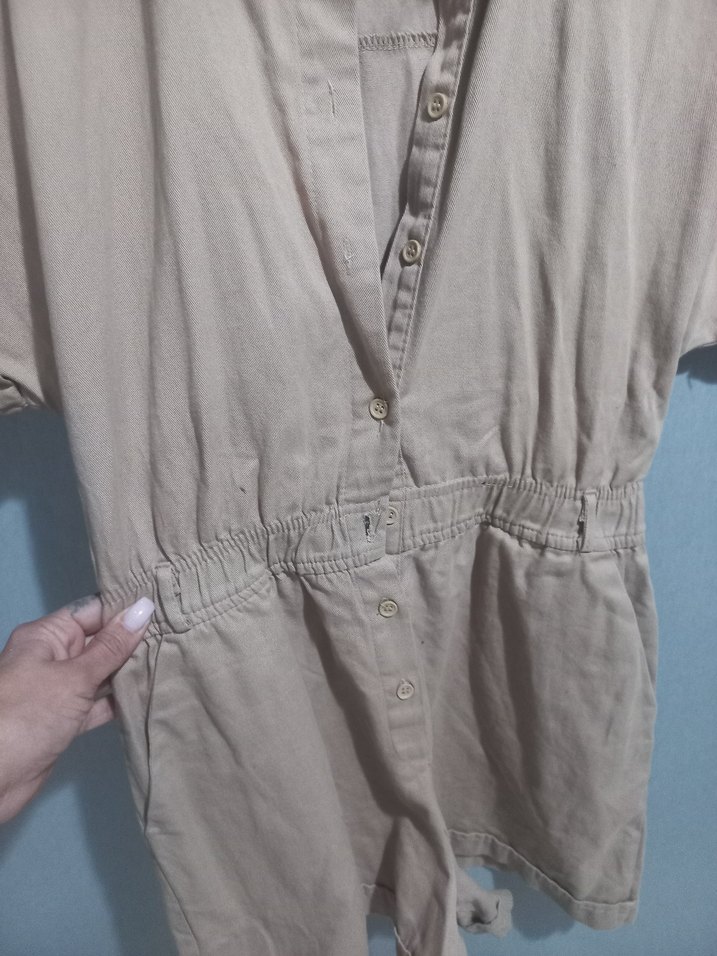 Bej Kısa Kollu Keten Kadın Tulum - Görsel 3