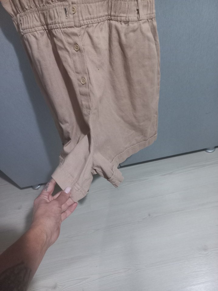 Bej Kısa Kollu Keten Kadın Tulum - Görsel 2