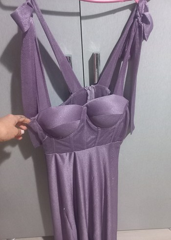 Mor V Yaka Askılı Midi Elbise - Görsel 4