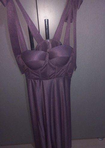 Mor V Yaka Askılı Midi Elbise - Görsel 2