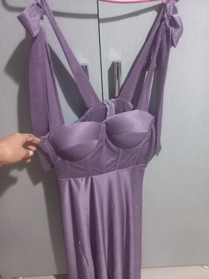 Mor V Yaka Askılı Midi Elbise - Görsel 4