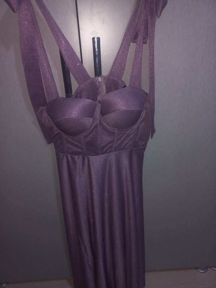 Mor V Yaka Askılı Midi Elbise - Görsel 2