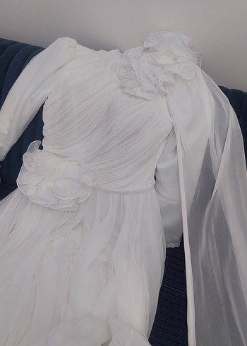 Beyaz Drapeli Uzun Kollu Uzun Abiye - Görsel 5