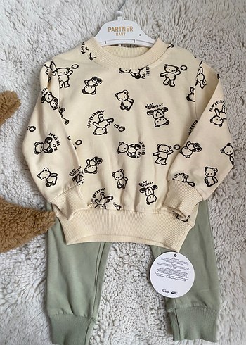 Bebek Erkek Bej Baskılı Örme Sweatshirt Takımı