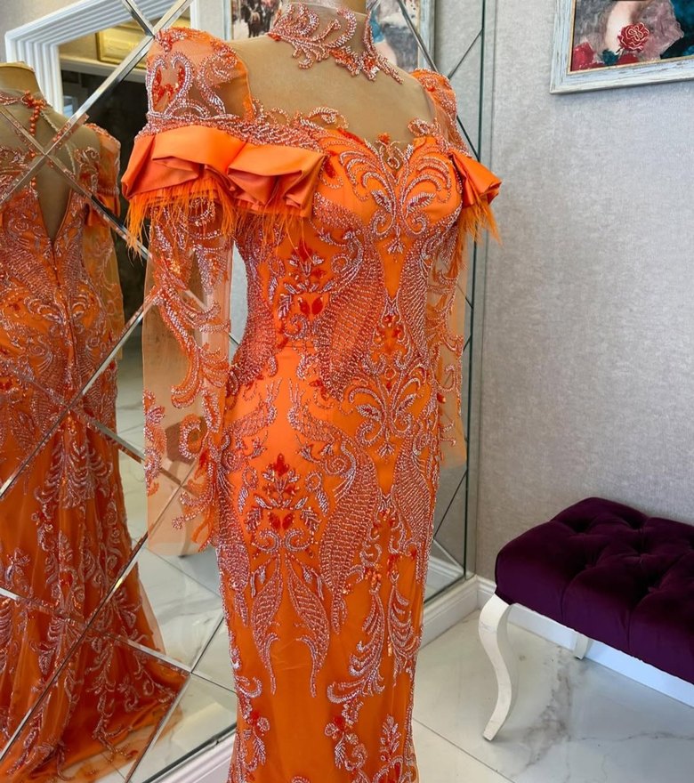 Özel dikim Turuncu İşlemeli Uzun Abiye Elbise arkası ipli - Görsel 2