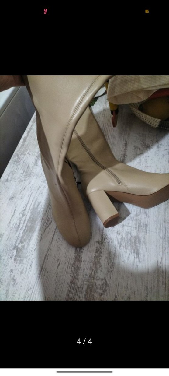 Bej Deri Kadın Dizüstü Topuklu Bot - Görsel 3