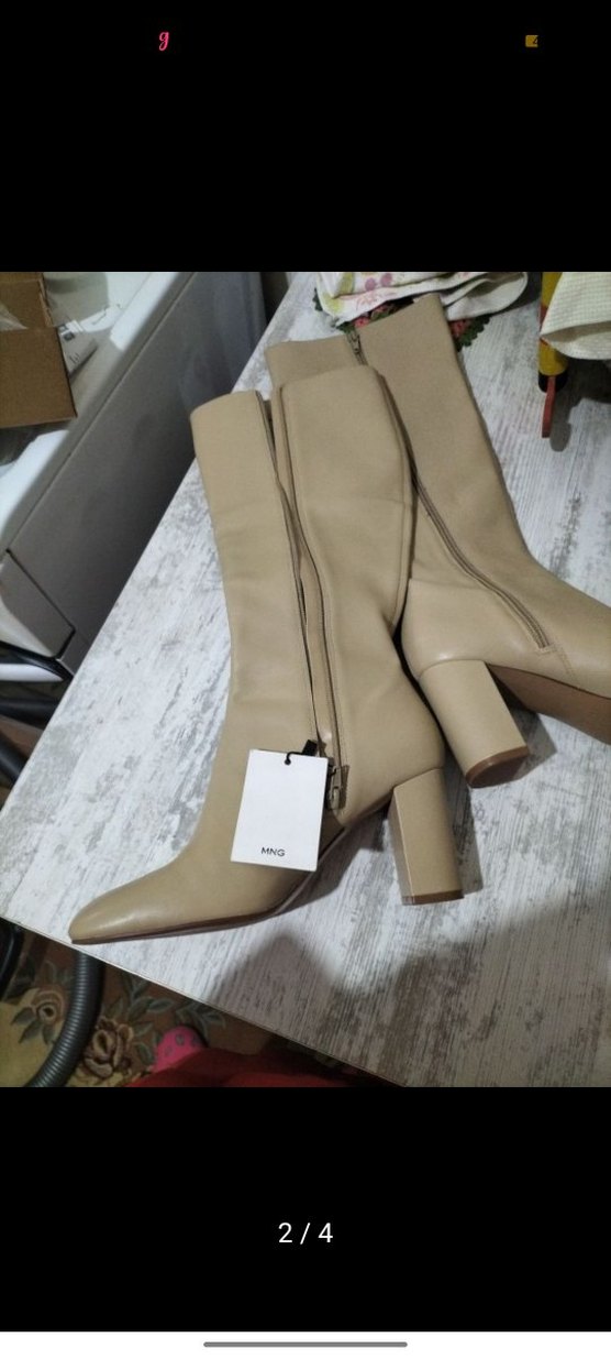 Bej Deri Kadın Dizüstü Topuklu Bot - Görsel 2