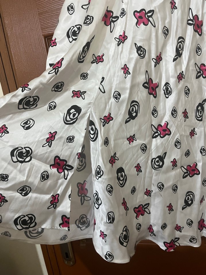 Çiçek Baskılı saten Beyaz midi Etek - Görsel 4