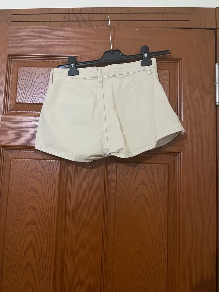 Bej Kadın Mini Şort Pilili Pamuklu - Görsel 4