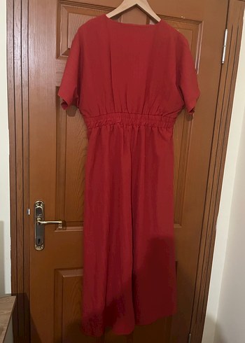 Kırmızı V Yakalı Uzun Kadın Elbise - Görsel 2