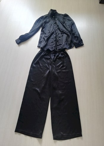 Siyah Uzun Kollu Saten Kadın Pantolon Takımı